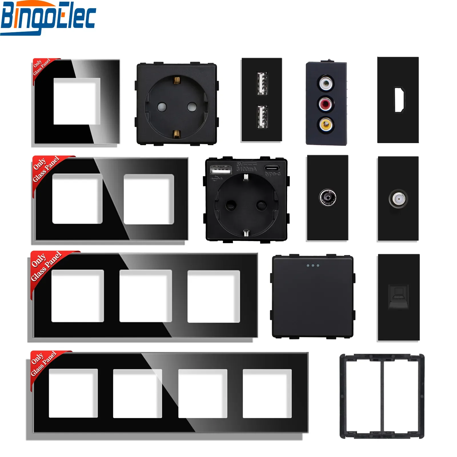 Standardowe gniazdo ścienne UE z USB Type-C RJ45 PC CAT5 TV /ST HDMI Części gniazd Mechaniczny przełącznik przyciskowy Szklane ramki gniazd