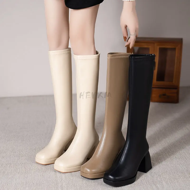 Botas de invierno de tacón grueso para Mujer, botines largos de algodón con cremallera hasta la rodilla, Sexy, clásico, salvaje, 2023