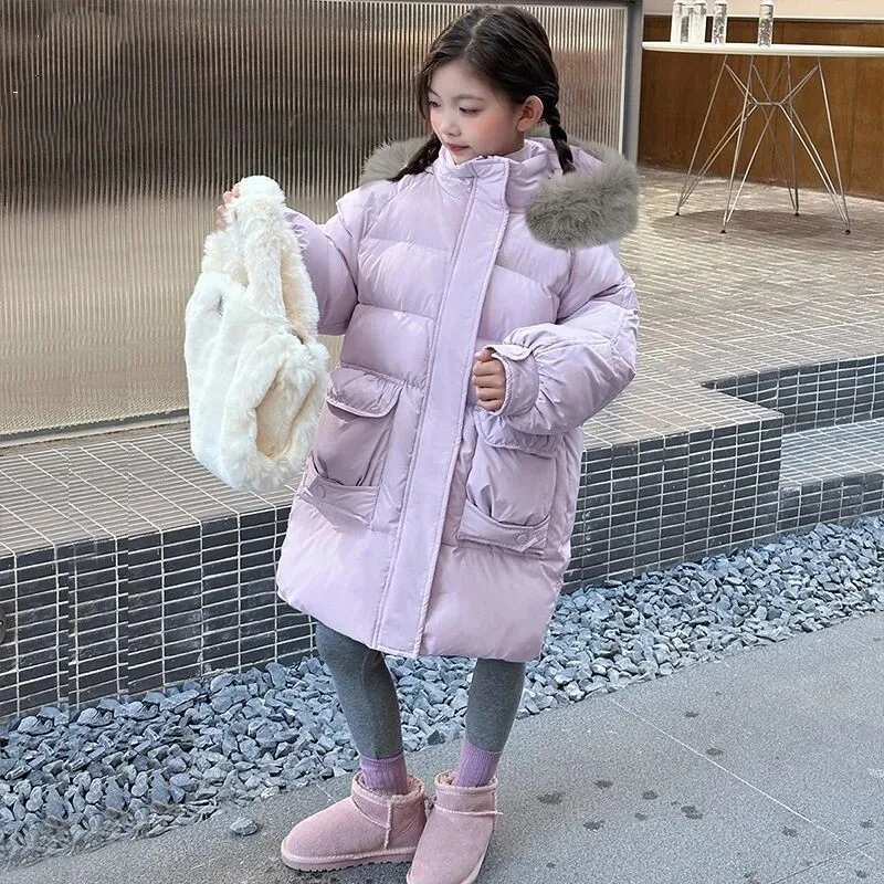 NOWOŚĆ Dziecięca zimowa ciepła biała kurtka puchowa z kapturem gruby płaszcz dziewczynka ubrania chłopiec odzież dziecięca parka prawdziwe futro kombinezon śnieżny