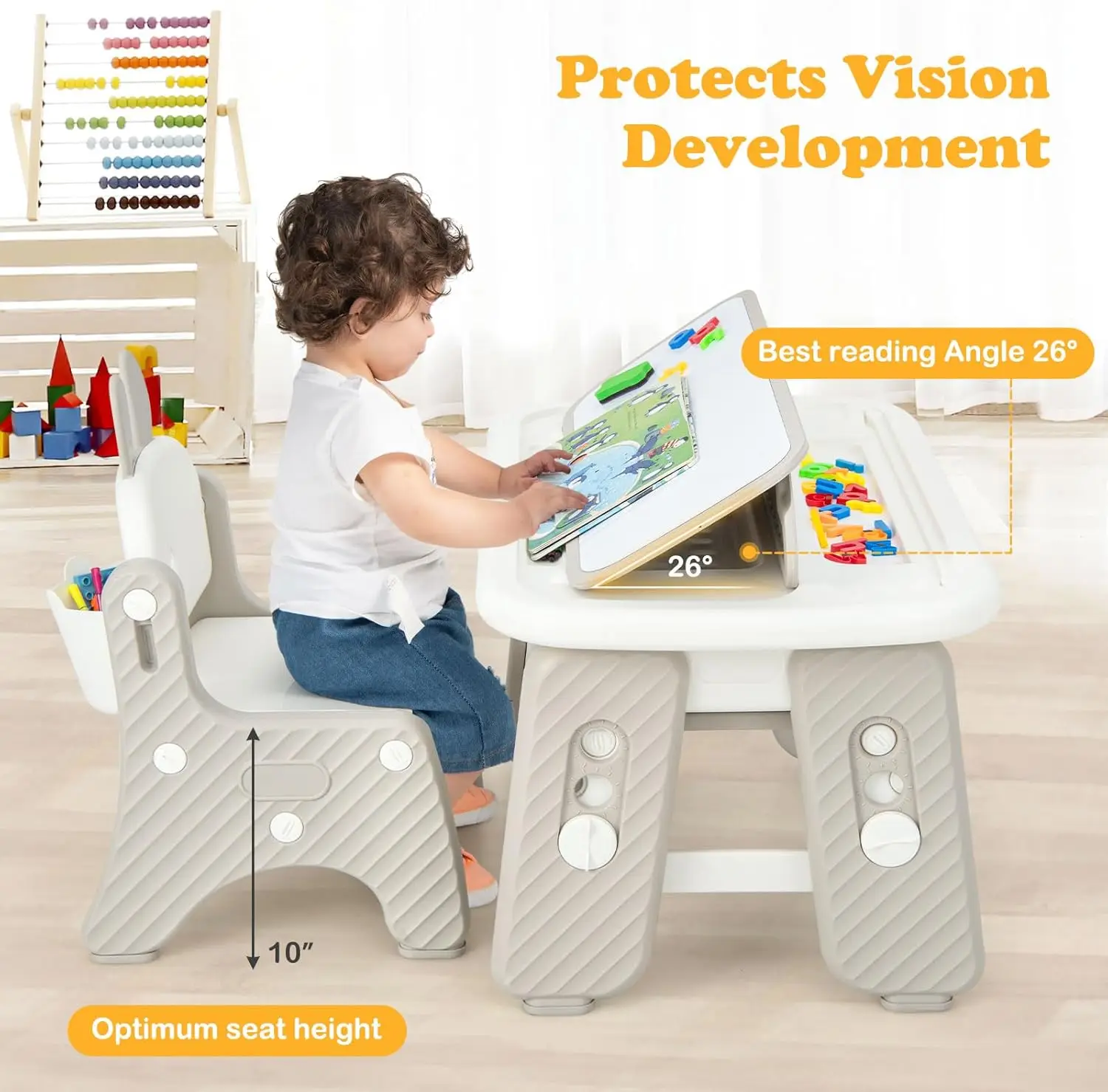 Kids Table and Chair Set, Activity Table with Magnetic Drawing Board 4 Gears Adjustable Height Bookshelf Watercolor Pens,