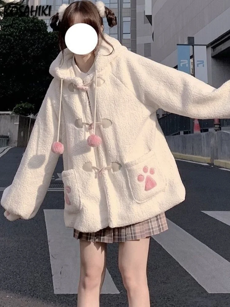 KOSAHIKI Japanese Style Autumn Winter Women Sweet Lamb Wool Jacket Kawaii Soft Bear Ears Hooded Coats Girls New Cute Outwear