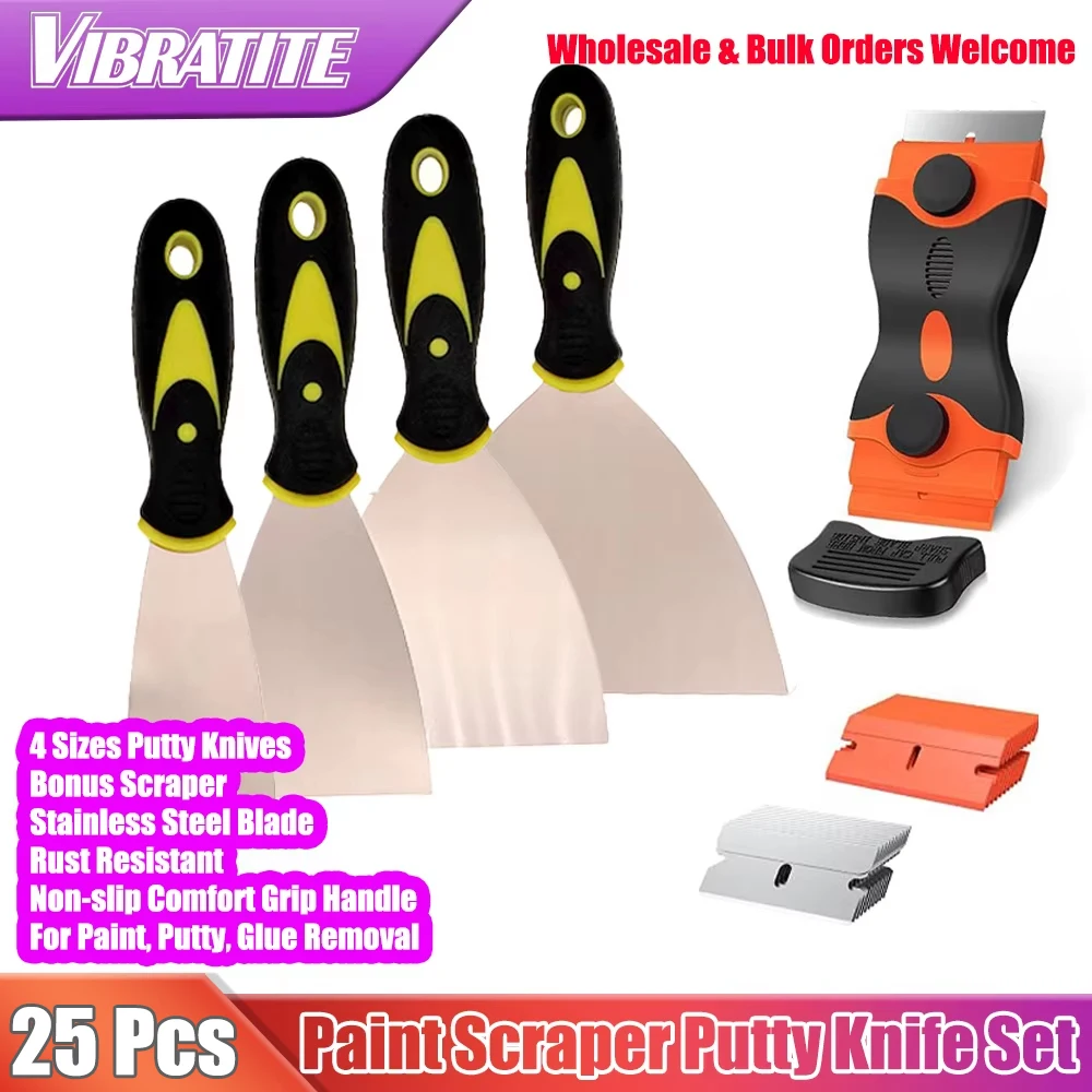 25Pcs Stainless Steel Putty Knife Scraper Set with Razor Scraper Replacement Blades for Home Renovation