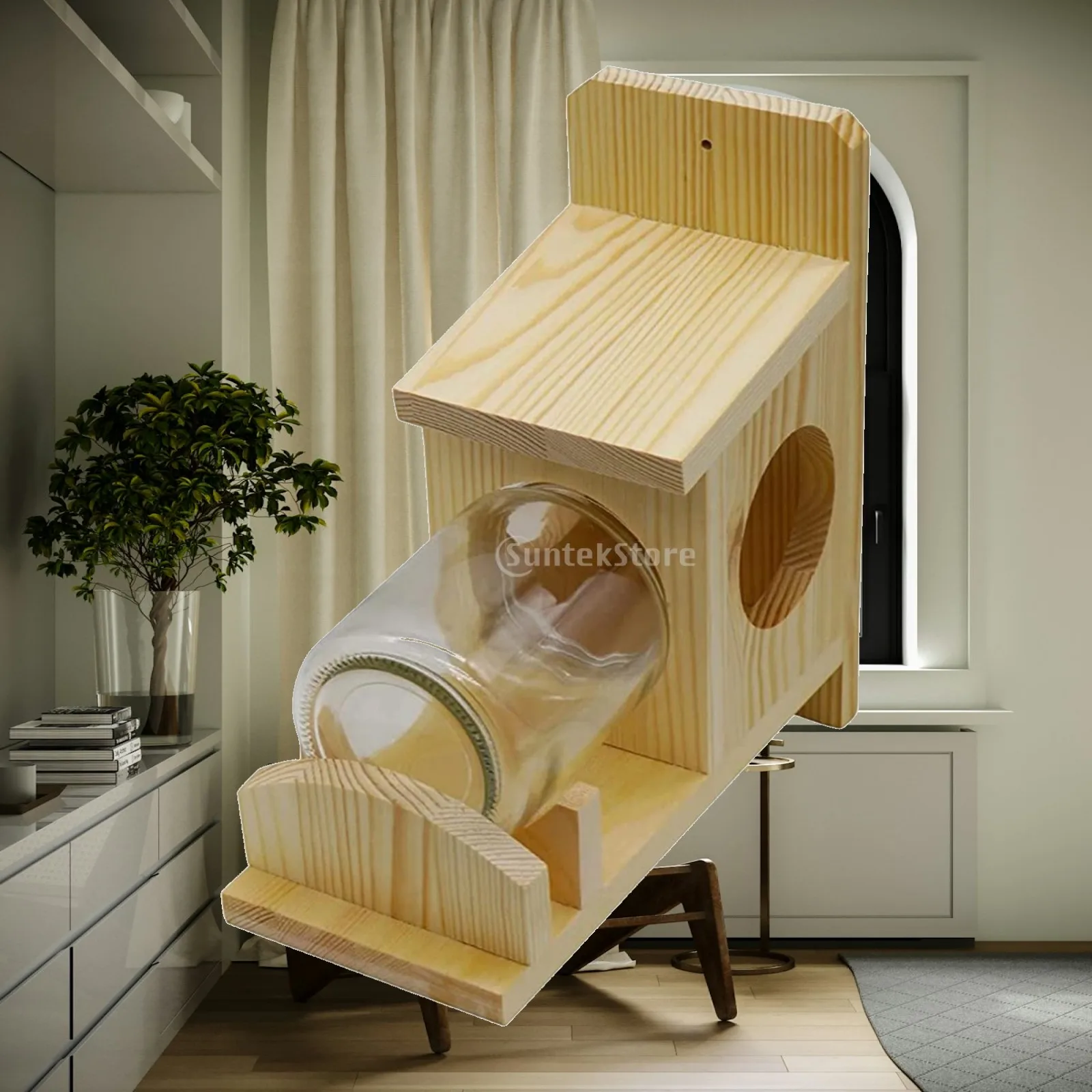 Weatherproof Wooden Squirrel House Feeder with Removable Jar Storage Station for Backyard Patio Garden