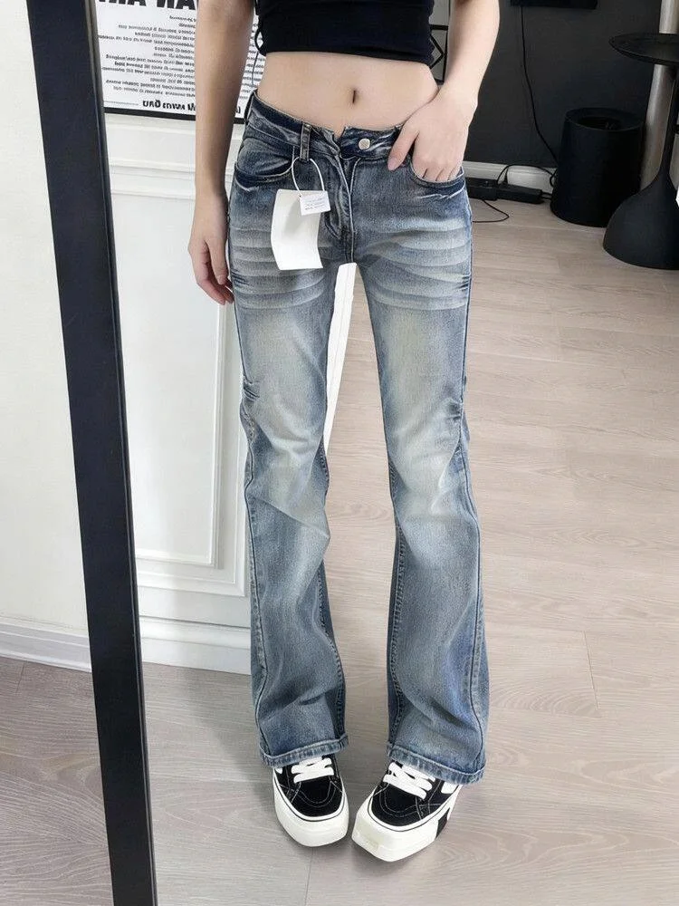 

American Retro Sle Low Waist Flared Jeans Women's Spring Trendy Waed Straight Leggings Slimming Casual High Waist Denim