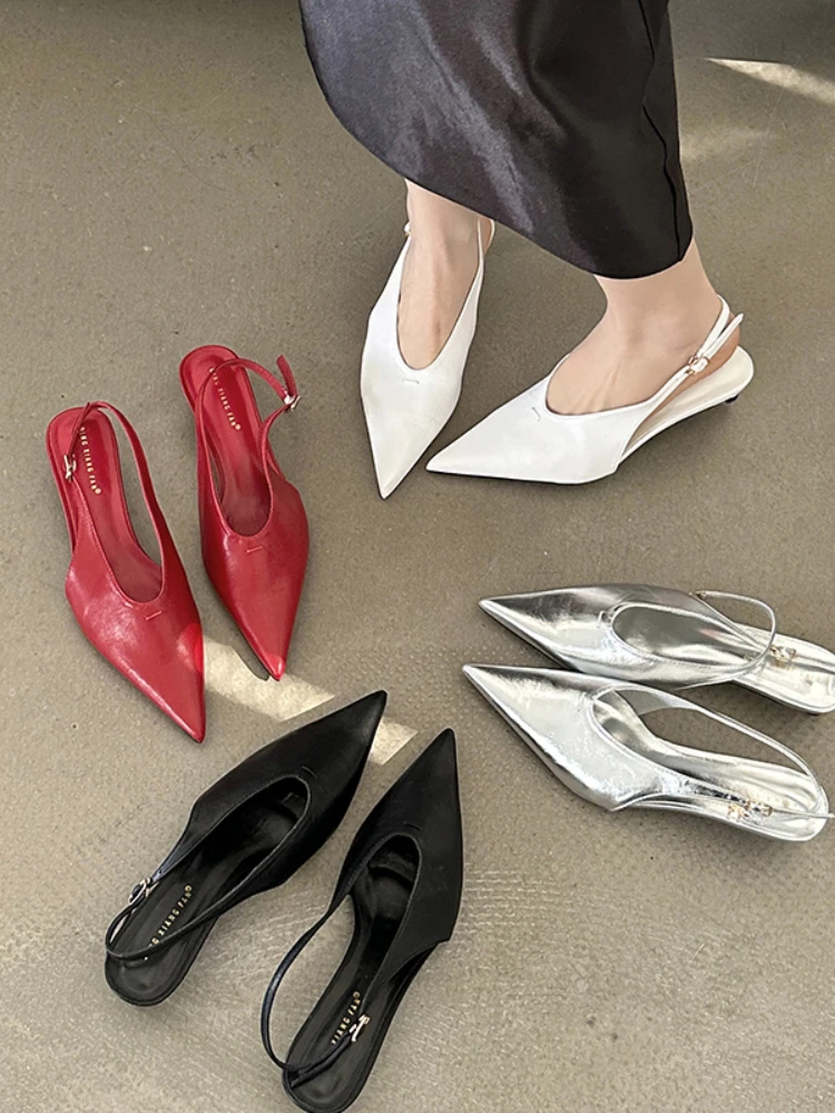 Bailamos Solid 2024 Summer New Sandals Women Fashion Pointed Toe Ladies Elegant Slingback Sandal Med Heel Dress Pumps Shoes Lady image 2