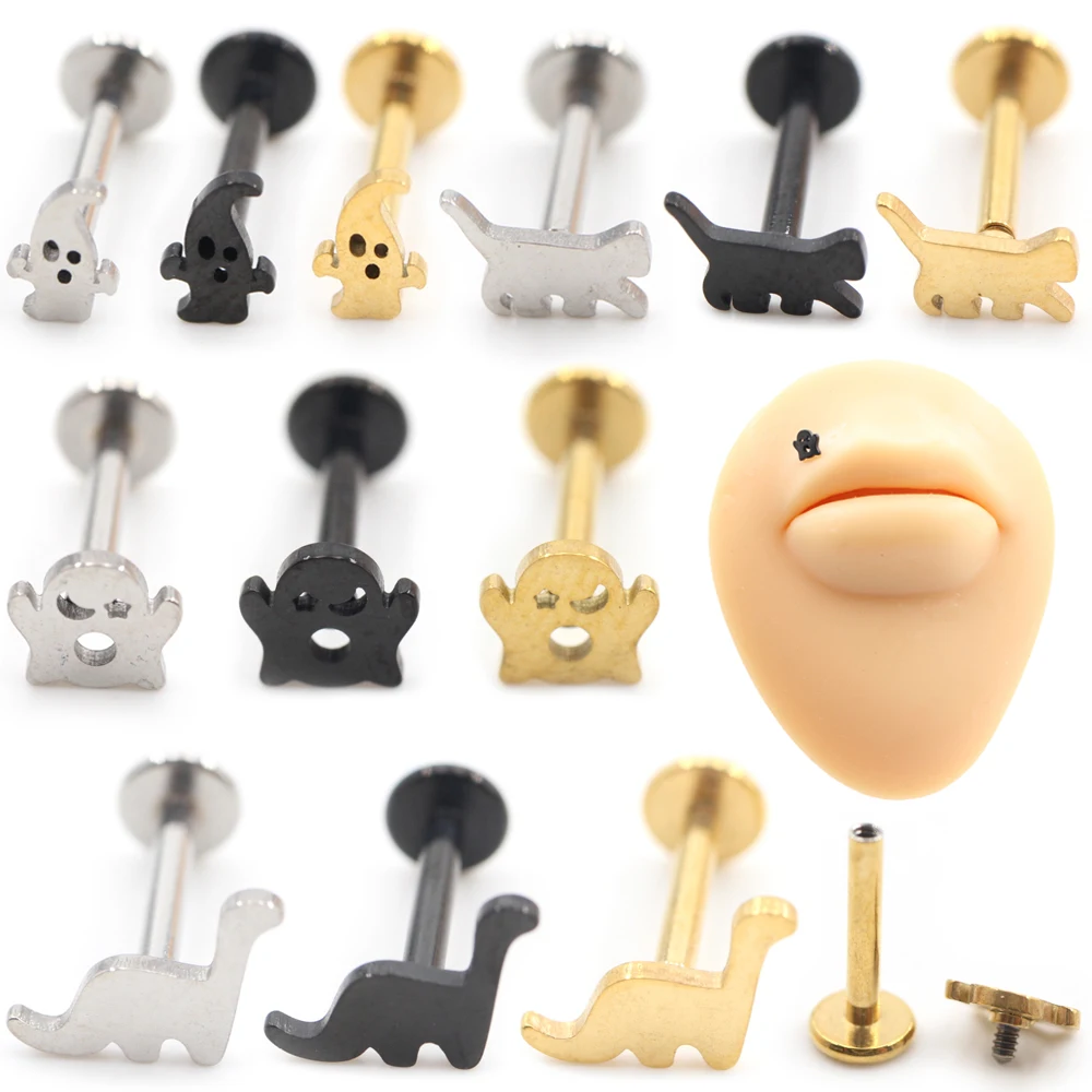 1PC Stainless Steel Halloween Ghost Dog Dinosaur Thread Ear Tragus Labret Lip Ring Cartilage Stud Earrings Piercing Body Jewelry