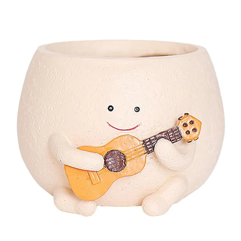 

ABRE-Smily Face Planter Pot With Drainage Hole Cute Resin For String Of Plant Unique Guitar Succulent Pots For Indoor