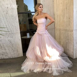 OLOEY Strapless Light Pink A Line Prom Dress Wedding Photoshott Pleats Tiered Tulle Floor Length Zipper Back Bridesmaid Dress