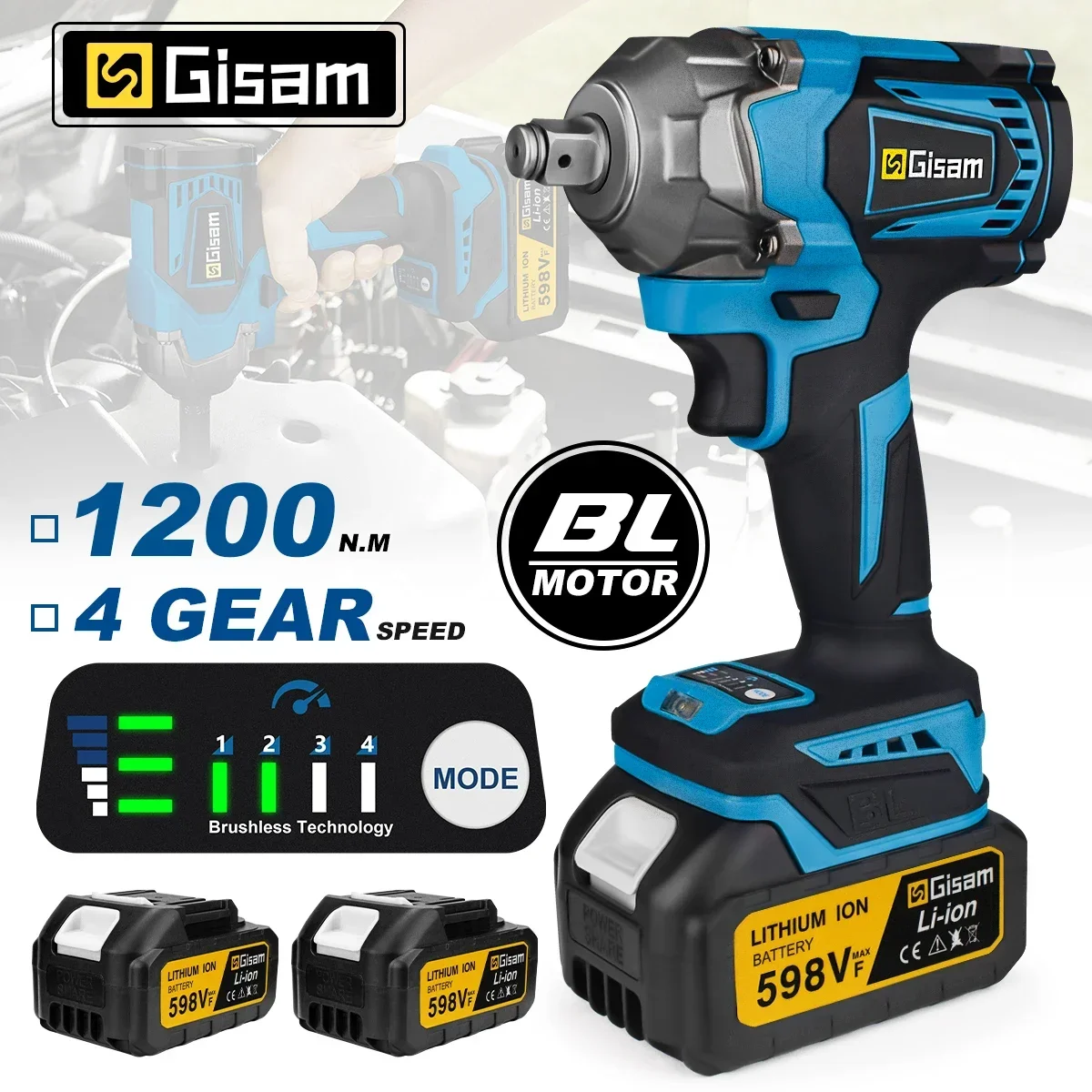 

Gisam 1200N.M Torque Brushless Electric Impact Wrench 1/2 inch Cordless Wrench Screwdriver Power Tools for Makita 18V Battery