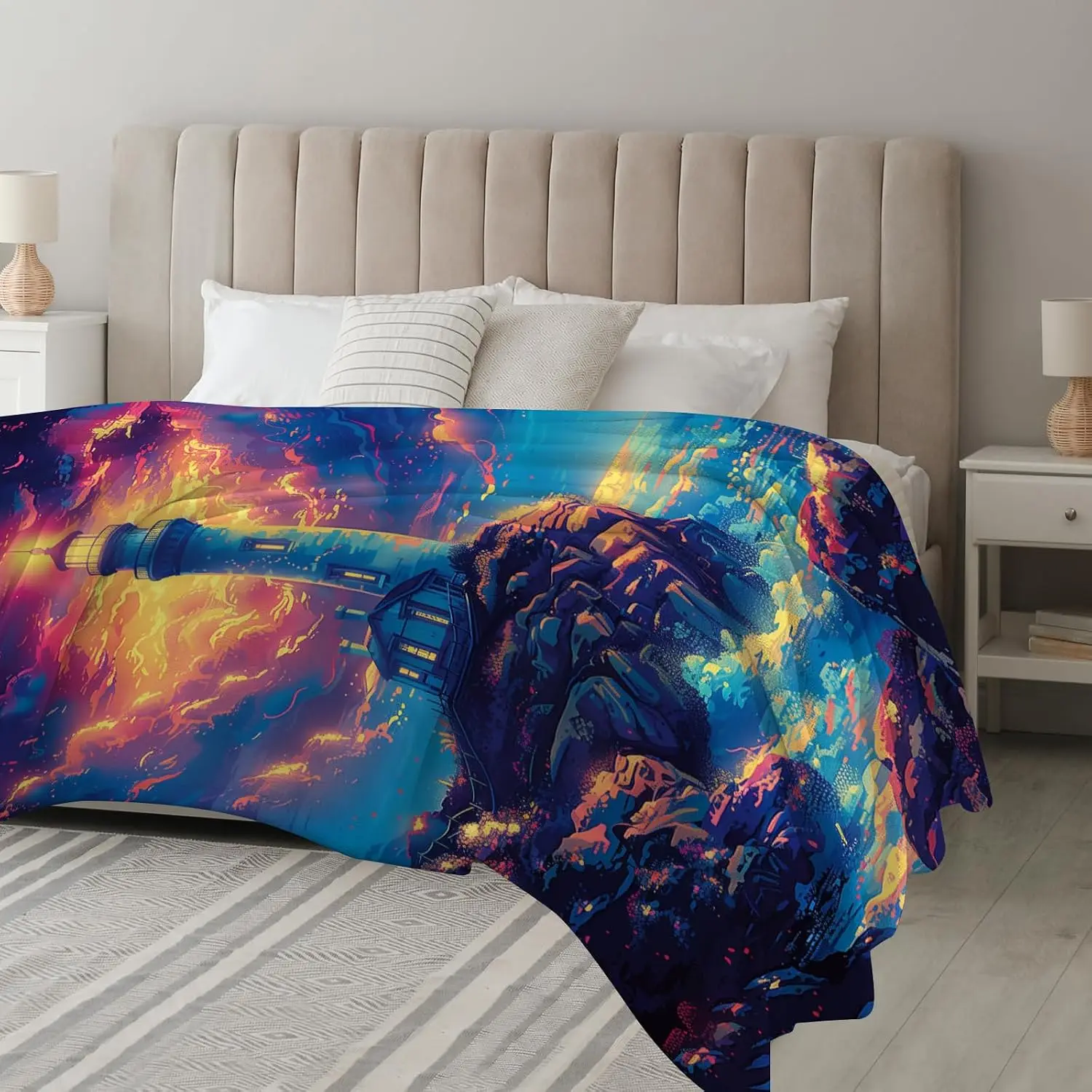 Vibrant Neon Sky Rocky Cliff Lighthouse Glowing Sea Wave Flannel Throw Blanket, Warm Cozy Blanket, Dreamy Decor Gift For Bedroom