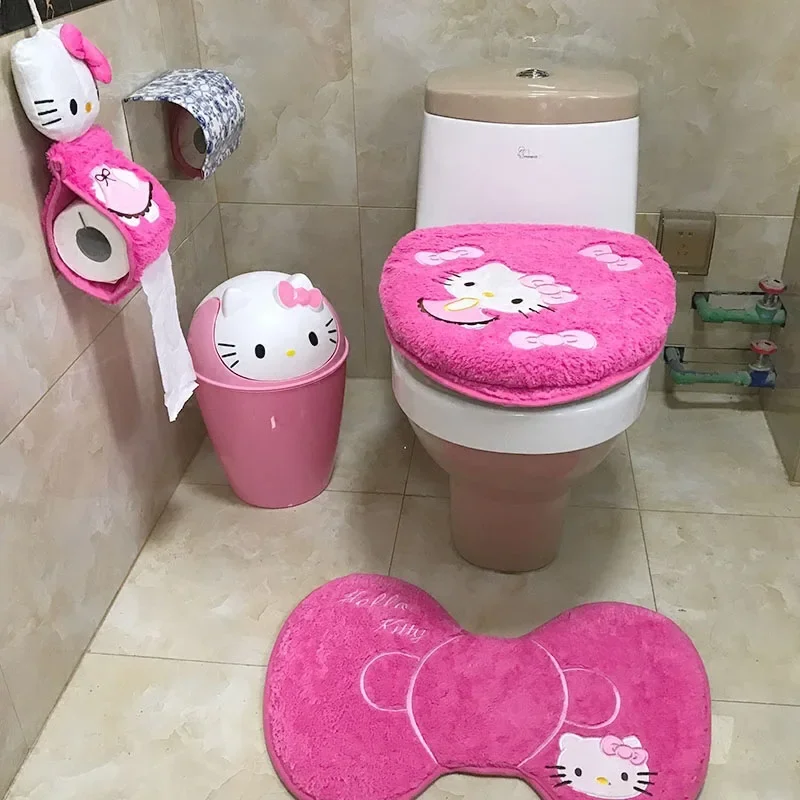 New Hello Kitty Cartoon Cute Toilet Three-piece Set Creative Kawaii Plush Toilet Mat Foot Mat Personalized Tissue Box Wholesale