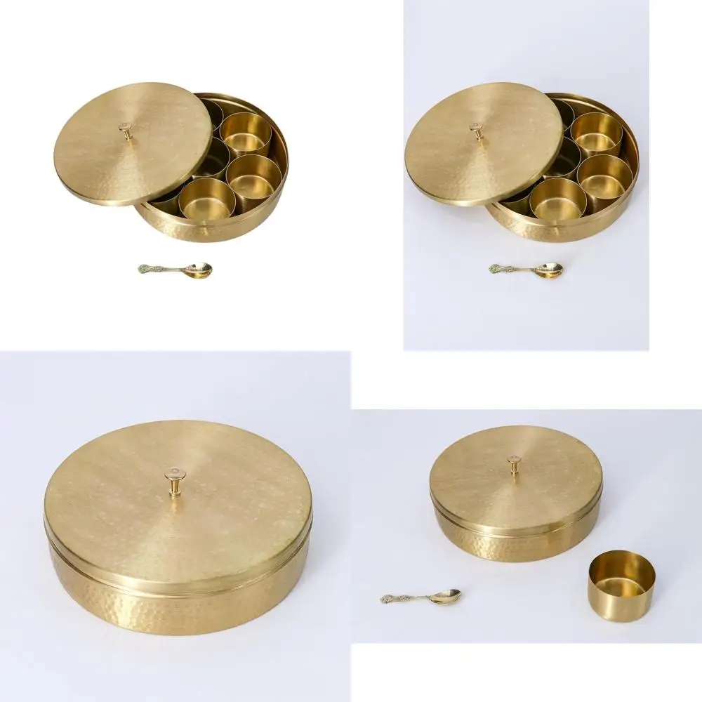 

Handcrafted Brass Masala Box Set with 90ml Capacity and Spoon, 8-Inch Indian Spice Storage Rack for Kitchen
