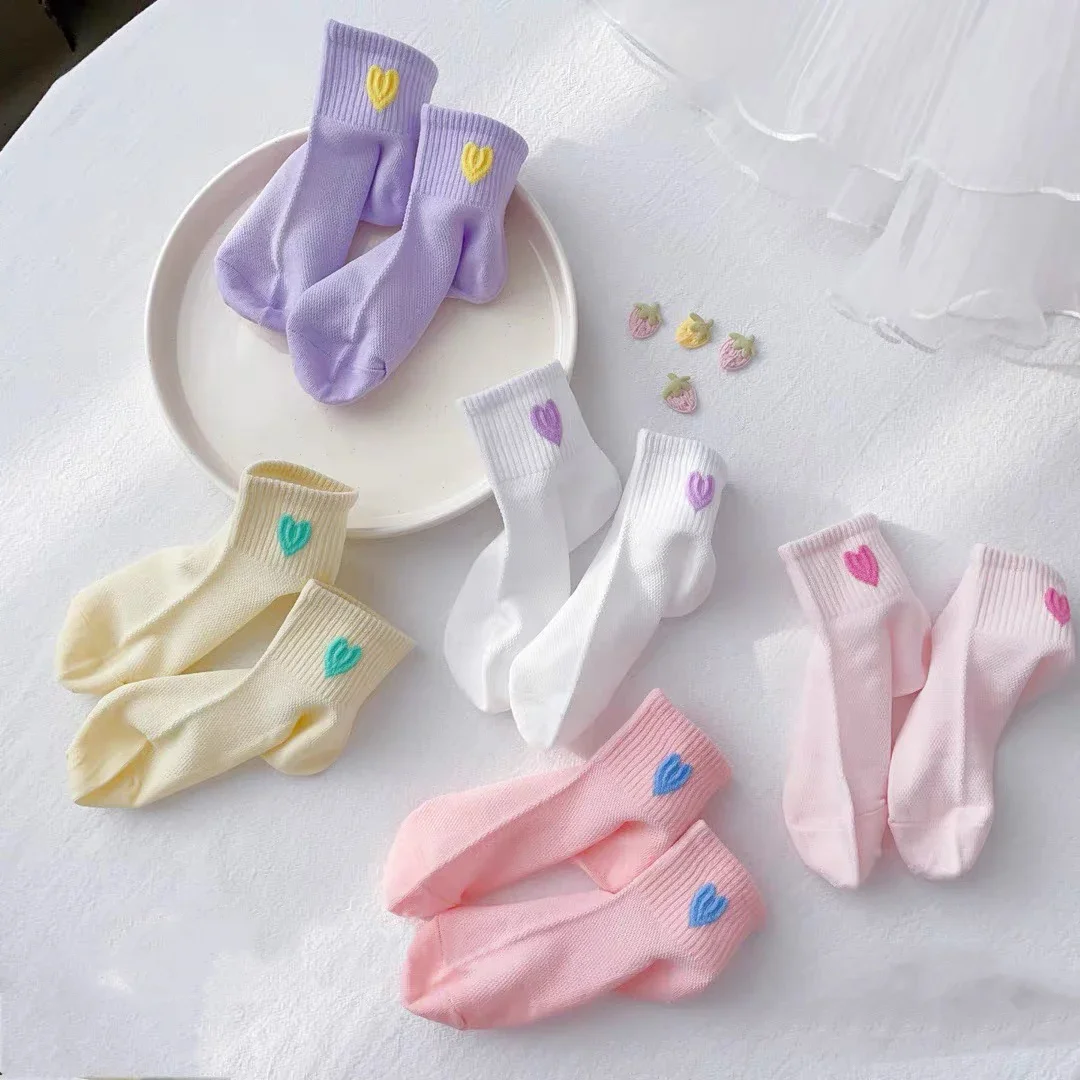5 أزواج من الجوارب القطنية لمنتصف الساق للفتيات تصميم شبكي ملون عادي بألوان الحلوى أنماط قلب لطيفة جوارب مريحة للفتيات #2