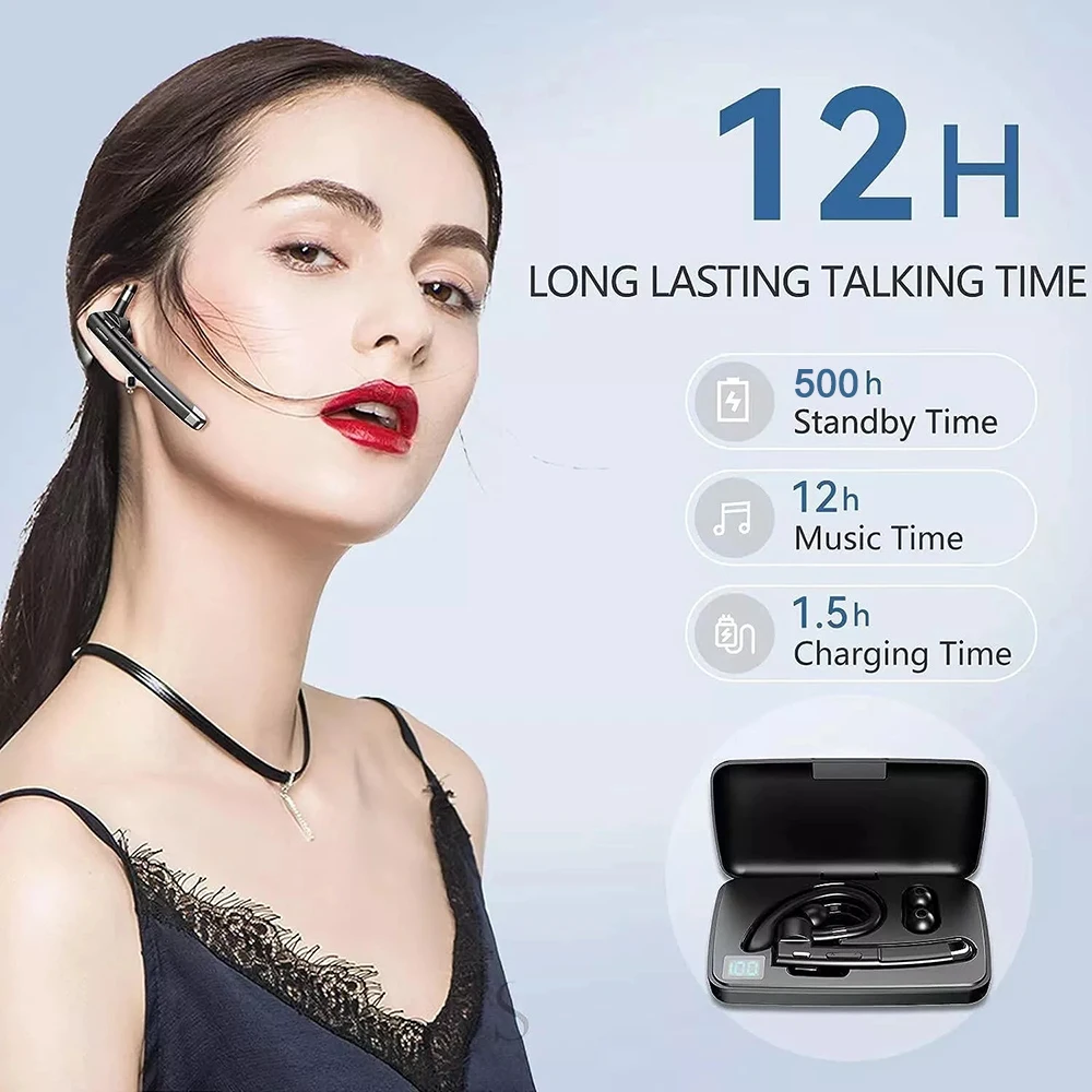 BT5.3 Single Ear Bluetooth Headset Business Ear-Mounted Hands-free Call Noise Canceling Wireless Headphones for iPhone Laptop