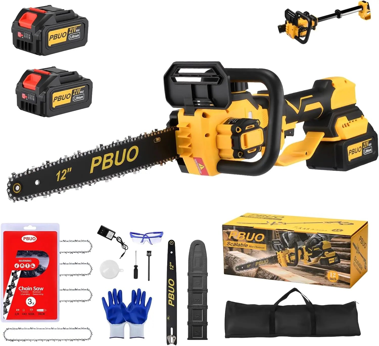 

12" Cordless Electric Chainsaw, Brushless Pole Saw with 2x4.0Ah Batteries, 4 Chains & Charger for Tree Trimming & Pruning