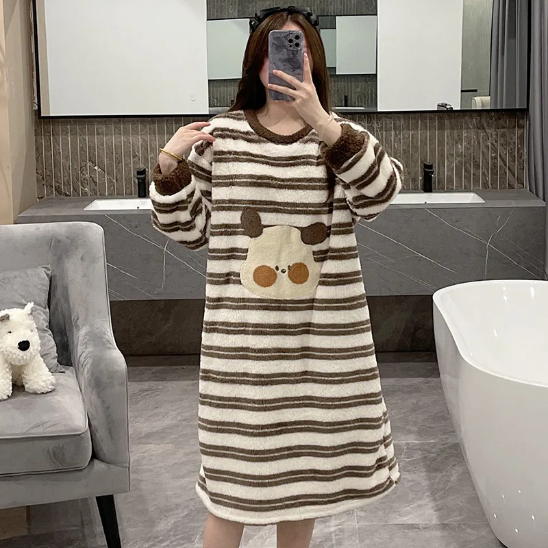 

Sweet Cartoon Striped Nightdress Long Sleeved Flannel Nightgown Casual Home Clothes Sleepwear Bathrobes Winter Warm Nightwear