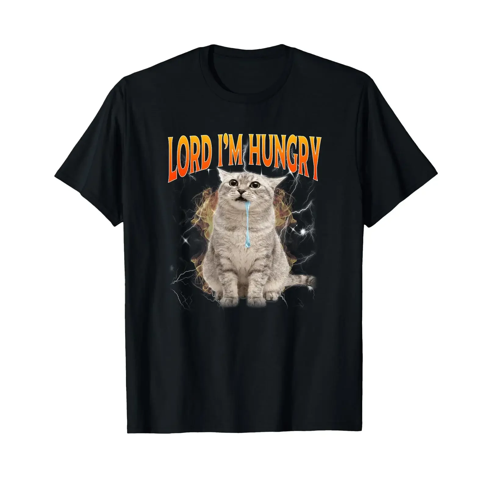Lord I'm Hungry Drooling Cat Meme T Shirt vintage Washed streetwear Soft Versatile fashion Casual graphic Stretched