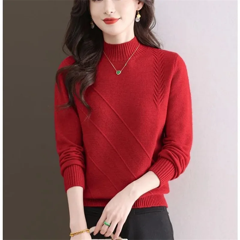 

2025 Autumn Women Mock Neck Ruffles Sweater Long Sleeve Knitted Bottoming Solid Pullovers Stripe Women Casual Sweater Winter