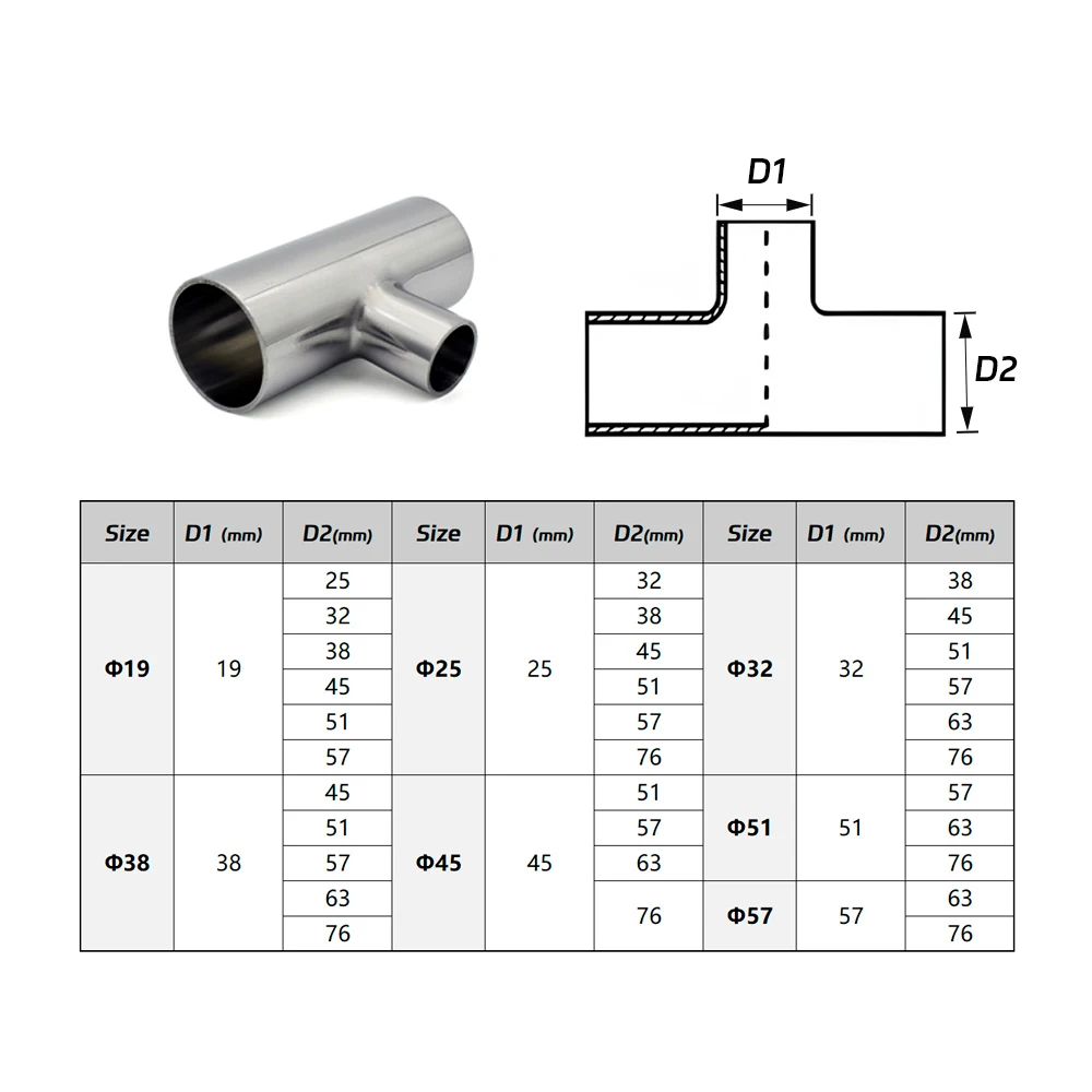 304 Stainless Steel Sanitary Reducing Tee Mirror Polished Weld T-Type Reducer Tee Size 25 32 38 51-76mm Multiple Sizes Available