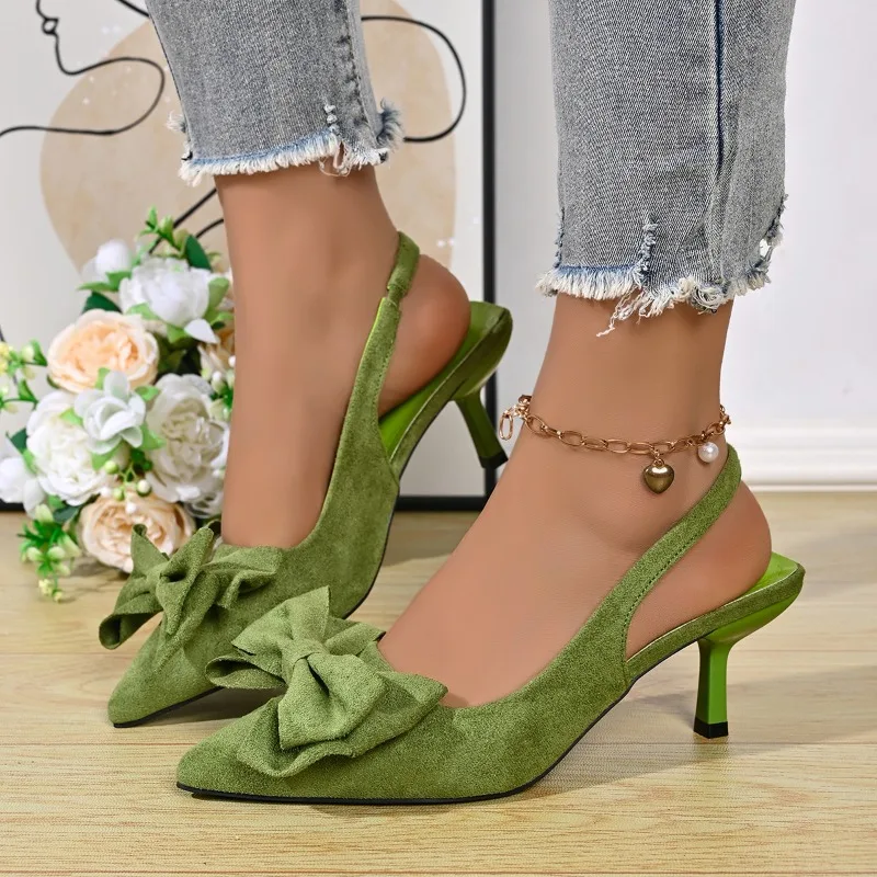 Elegant Suede Bow Slingback Heels for Women - Green Pointed Toe 6.5CM Kitten Heel Slip-On Casual & Party Shoes