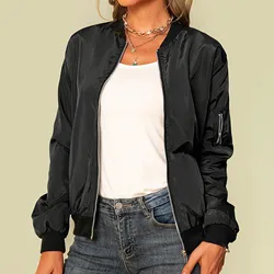 Women Bomber Jacket 2024 Solid Color Spring Coat Long Sleeve Stand Collar Zipper Basic Motorcycle Jackets