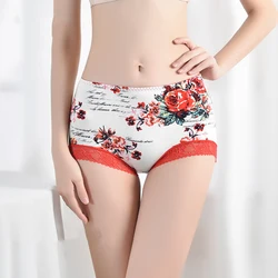 Ropa interior de algodón para mujer, bragas cómodas y transpirables, bragas de encaje Floral, lencería Sexy de tiro medio