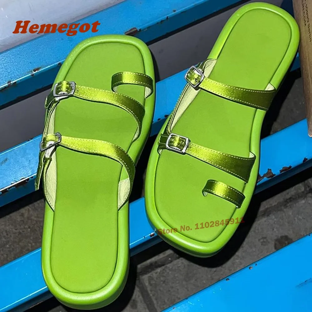 Fluorescent Green Platform Slippers Open Toe Buckle Clip Toe Women's Slippers Thick Soled Cut Out Satin Newest 2024 Beach Shoes