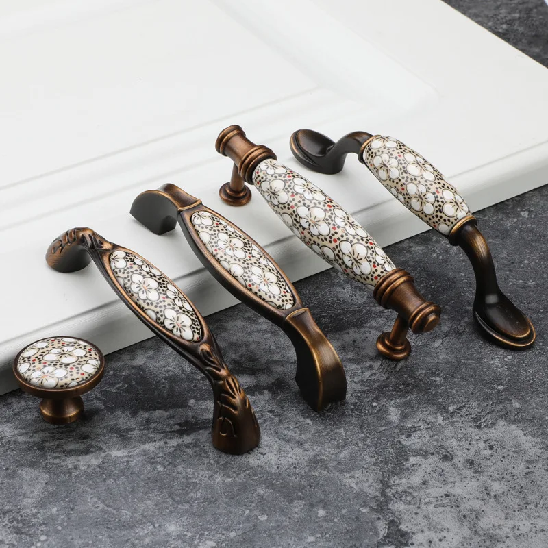 New Osmanthus Ceramic Handle European American Cabinet Shoe Cabinet Wine Cabinet Wardrobe Ceramic Handle Antique Bronze Pastoral