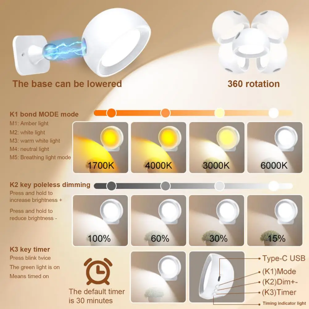 Rechargeable Desk Lamp Modern Design Nightstand Lamp Portable Wireless Night Light with 360-degree Rotation for Bedroom