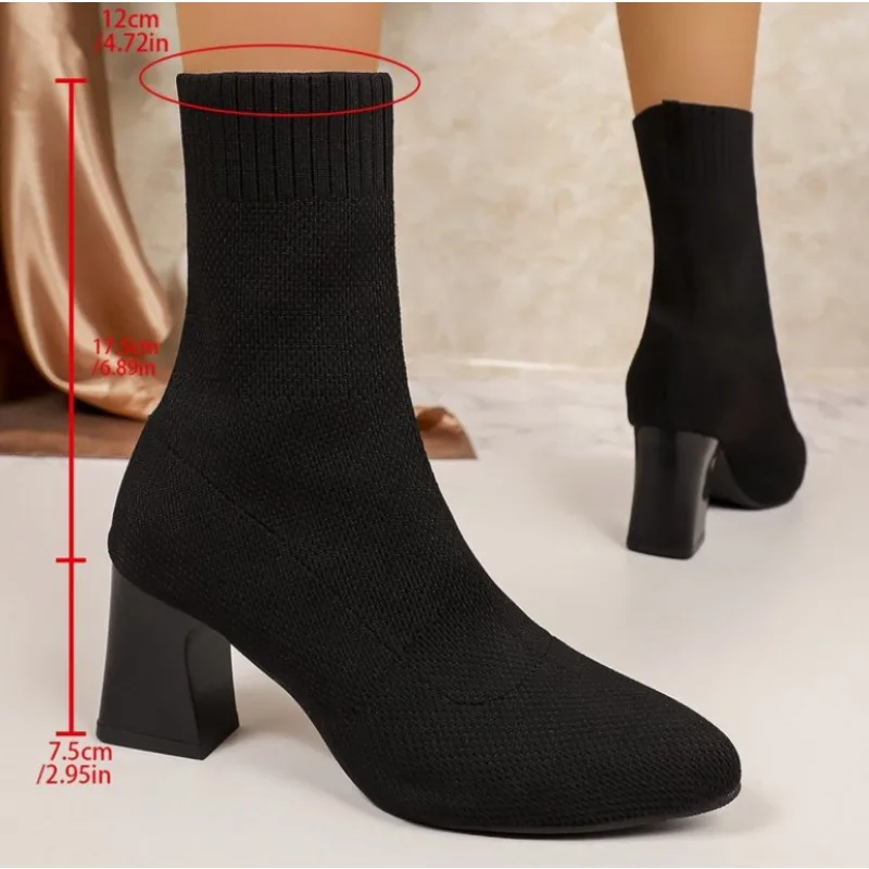 Fashion Round Head Stretch Sock Boots 2026 Summer Thick Heel Elastic Socks Boots New Medium Tube High Heels Simple Ankle Boots