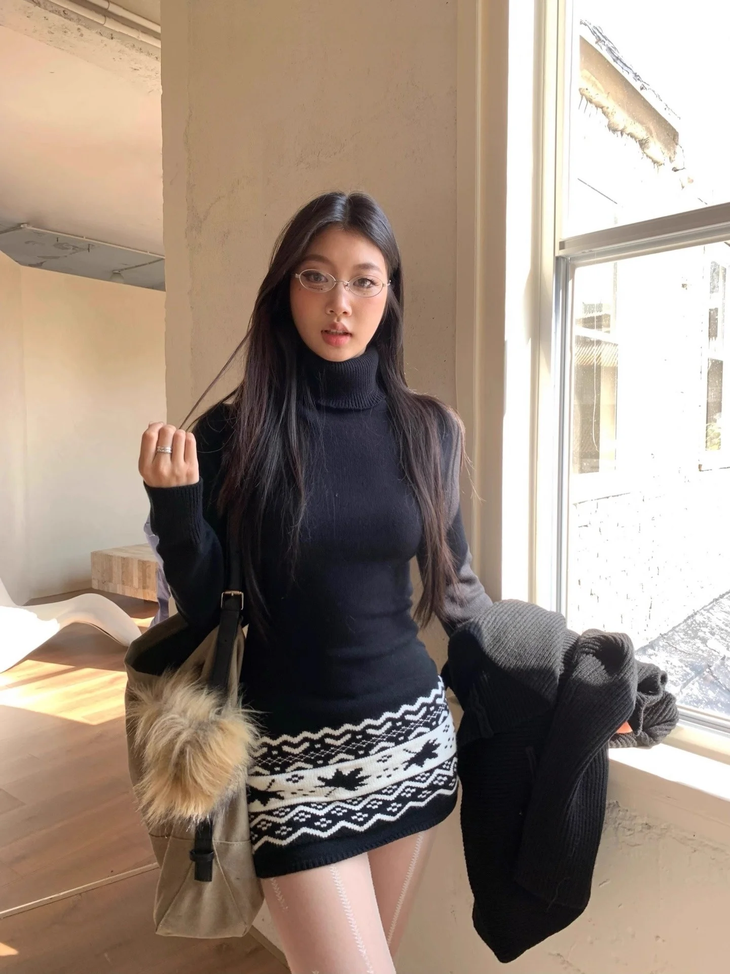 

Retro Fair Isle Knitted ort Dr High Waist Slim Fit Bodycon Cisas Sweater Polyester Fiber Long Sve Winter Dr