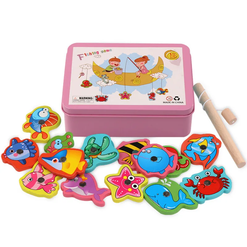 モンテッソーリ木製磁気釣りゲーム、マグネット魚キャッチパズル、子供向け知育玩具、運動能力トレーニングトイ