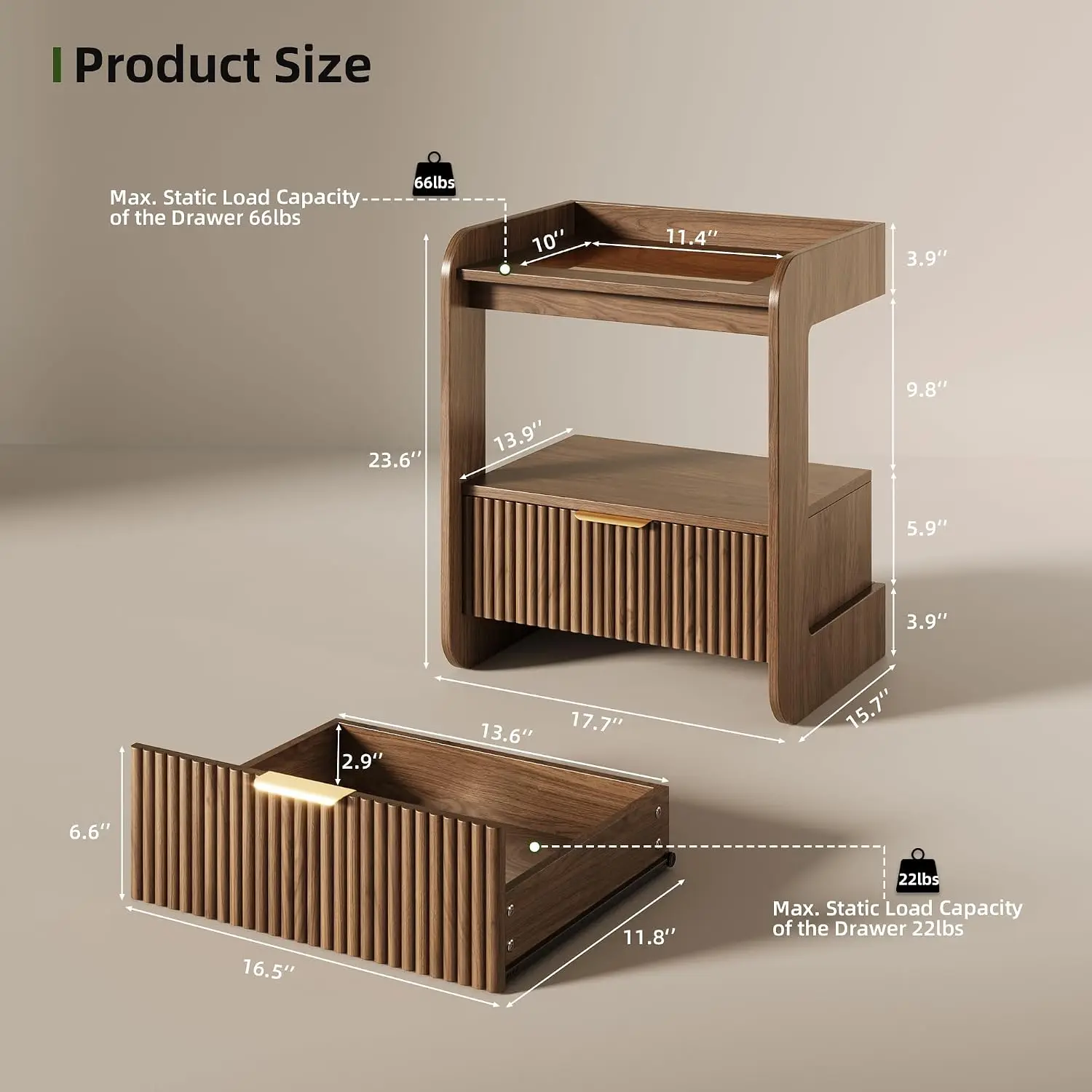 Fluted Nightstands Set of 2, Mid Century Modern Wood Night Stand with Drawer and Open Shelf, Amber Glass Top Bedside End Tables