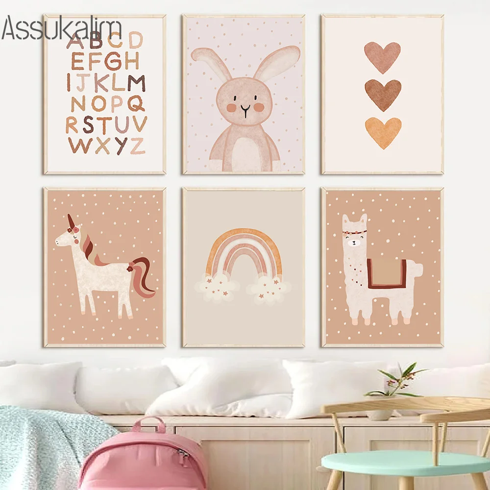 Boho Art Posters Unicorn Art Prints Bunny Print Pictures Cartoon Alpaca Canvas Painting Nursery Wall Pictures Baby Room Decor