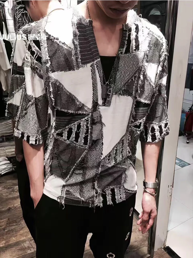 

Summer Cool Loose Hole Stitching Short Sleeve Shirt Men's Hair Stylist Collar Beggar Rag Half Thin
