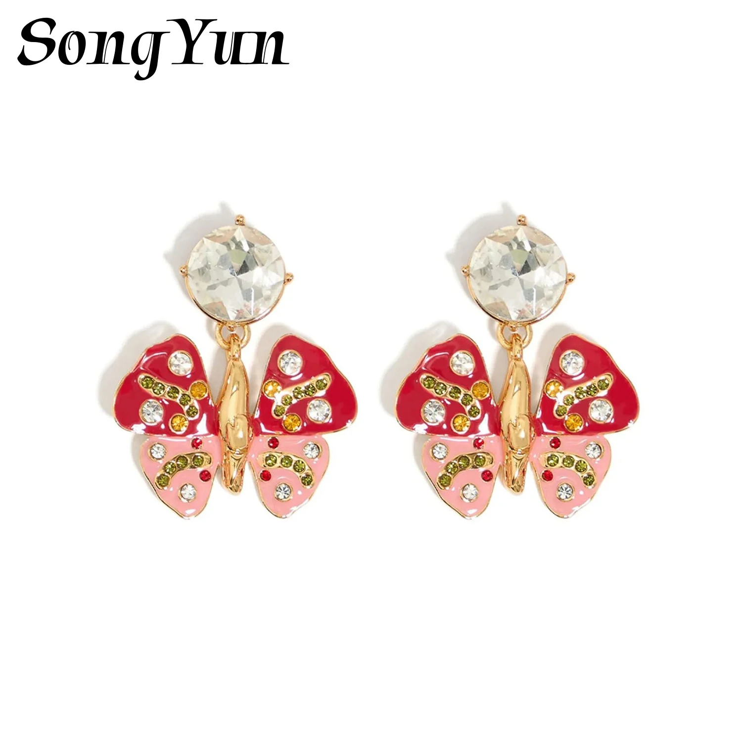 

European and American Style Enamel Oil Drop Rhinestones Insect Earrings Fashion Women Jewelry Colorful Butterfly Dangle Earrings
