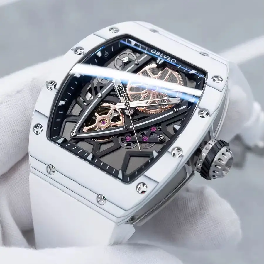OBLVLO Men Automatic Watch 42mm Tonneau Mechanical Wristwatch Skeleton Dial Sapphire Mirror 50M Waterproof Luminous Miyota 82S7