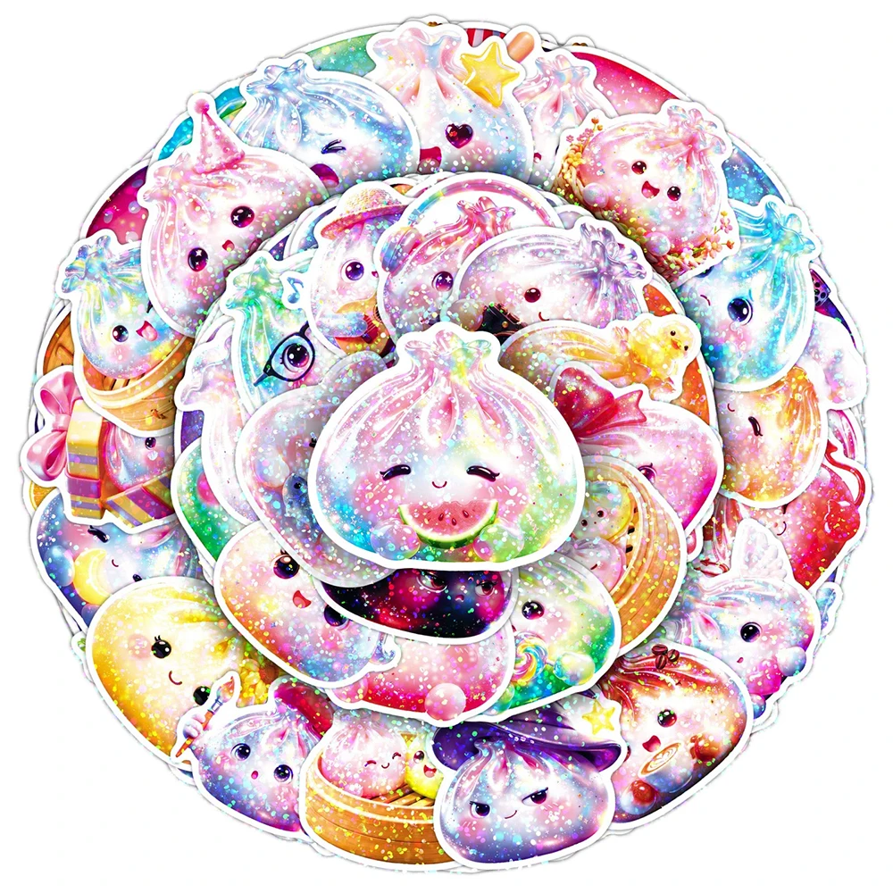 10/30/50pcs Laser Colorful Crystal Baozi Stickers Cartoon Steamed Buns Decals Water Bottle Notebook Phone Cute Sticker Wholesale