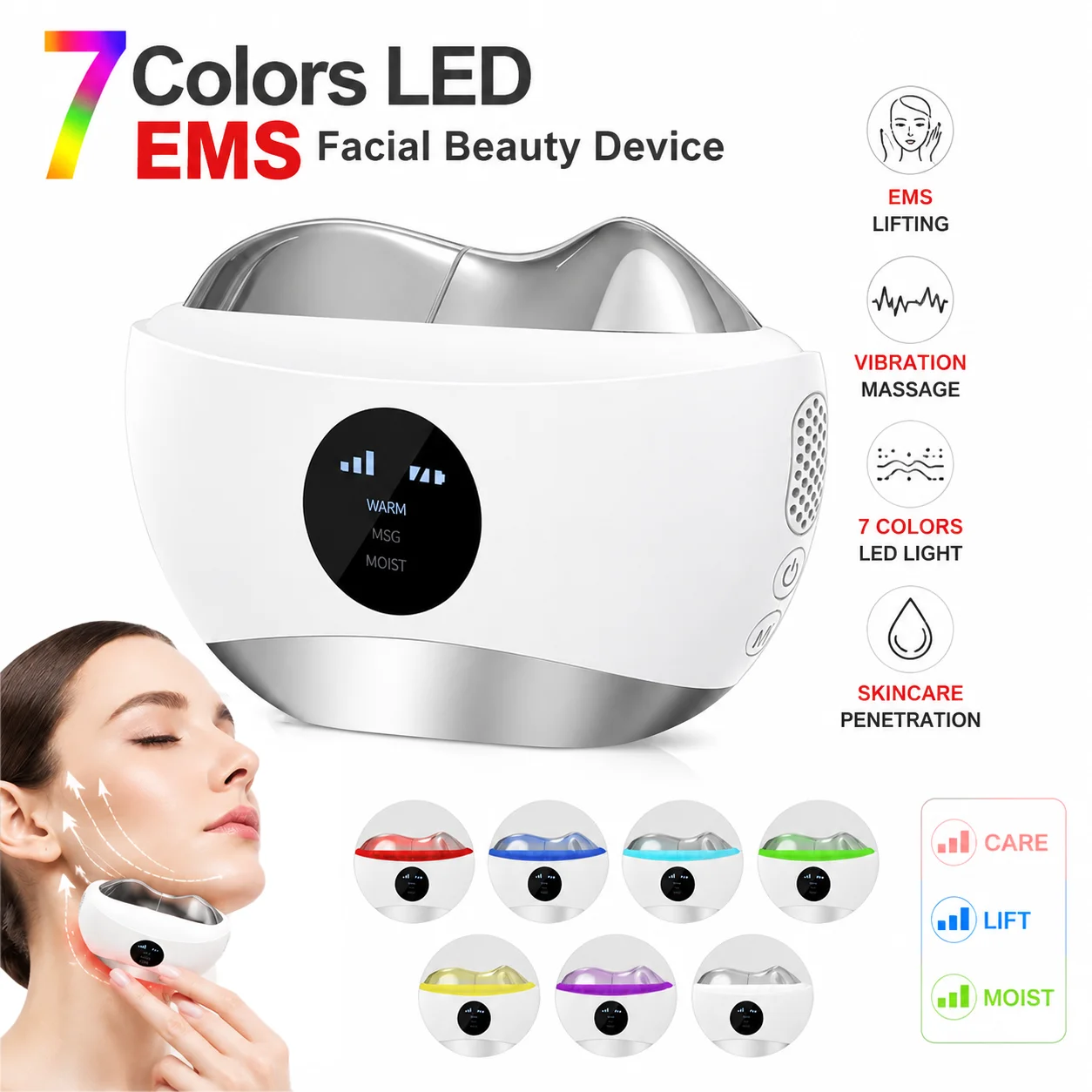 EMS Facial Device Electric Gua Sha Massager 7 Color LED Light Vibration Face Lifting Beauty Machine Multifunction Skin Care Tool