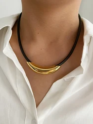 Peri'sbox Free Tarnish Gold Plated Tube Choker Necklace for Women Punk Stainless Steel Black Leather Rope Fashion Collar Jewelry