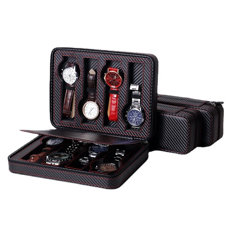 

2/4/8Grids PU Leather Carbon Fiber Zipper Watch Bag Wholesale Watch Box Spot Jewelry Packaging Box