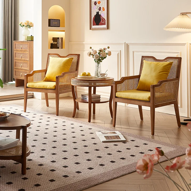 

New Chinese solid wood sofa chair designer living room retro rattan leisure single recliner hotel bed and breakfast back chair