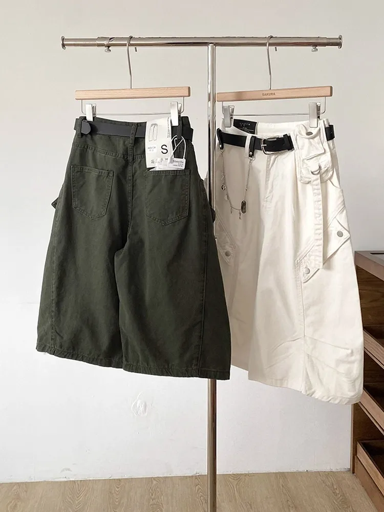

High Waist Denim Cargo Capri Pants Summer Korean Style Wide Leg Casual Pants Women Loose Seven Points Streetwear Trousers