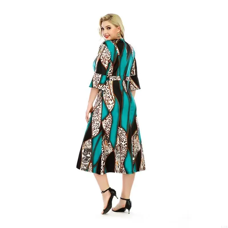 

L38E Women Sleeve Waist Irregular Leopard Print A-Line Midi Swing Dress