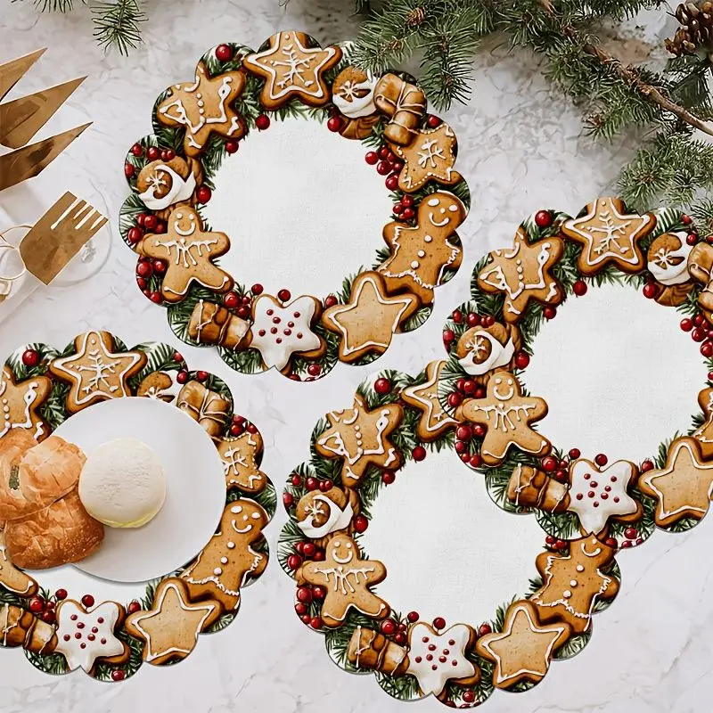 VIKAMA Gingerbread Man Star Cookie Wreath Placemat White Backdrop Scalloped Edge Candy Cane Evergreen Berry Xmas Table Mat Soft