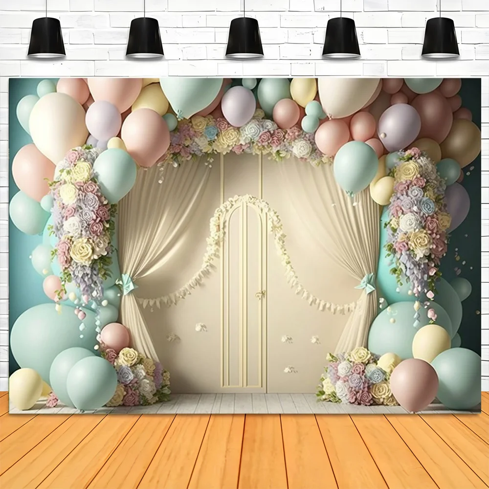 Baby Room Happy Birthday Photography Backdrops Props Newborn Party Decoration Balloons Arch Floral Theme Photo Background QQ-08