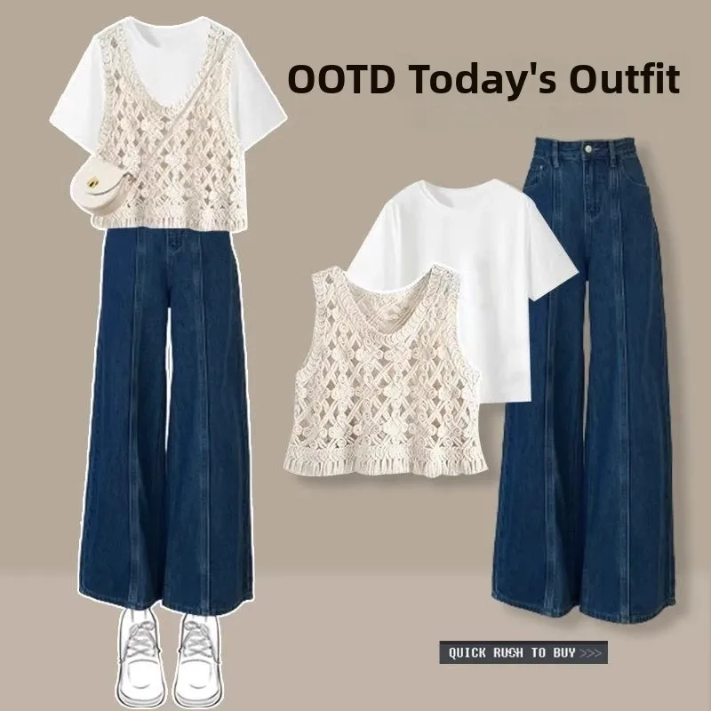 

Faionable Summer Knitted Hollow out Denim Vest And Wide Leg Pants Tee Piece Set for Young Women Ages 8 to 25