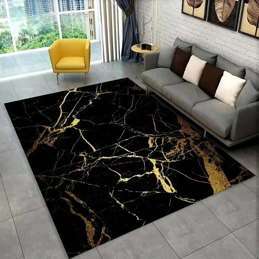 Sophisticated Nordic Blue and Gold Marble Floor Mat Geometric Carpet for Living Room or Bedroom Non-Slip Rug for Sofa Doormat