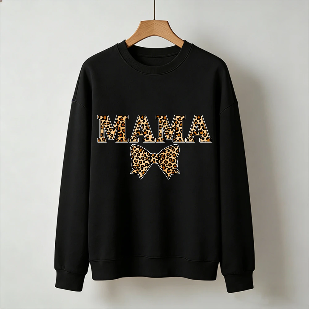 Classic Leopard Print MAMA Matching Bow Crewneck Long Sleeve Pullover Edgy Coquette Mom Gift with Retro Bold Font Sweatshirt - view 6