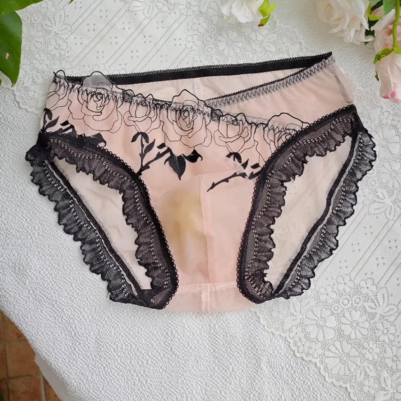

Low Waist Men Comfortable Underwear Flower Embroidery Sexy Transparent Mesh Briefs Sissy Breathable Lace Private Party Costumes